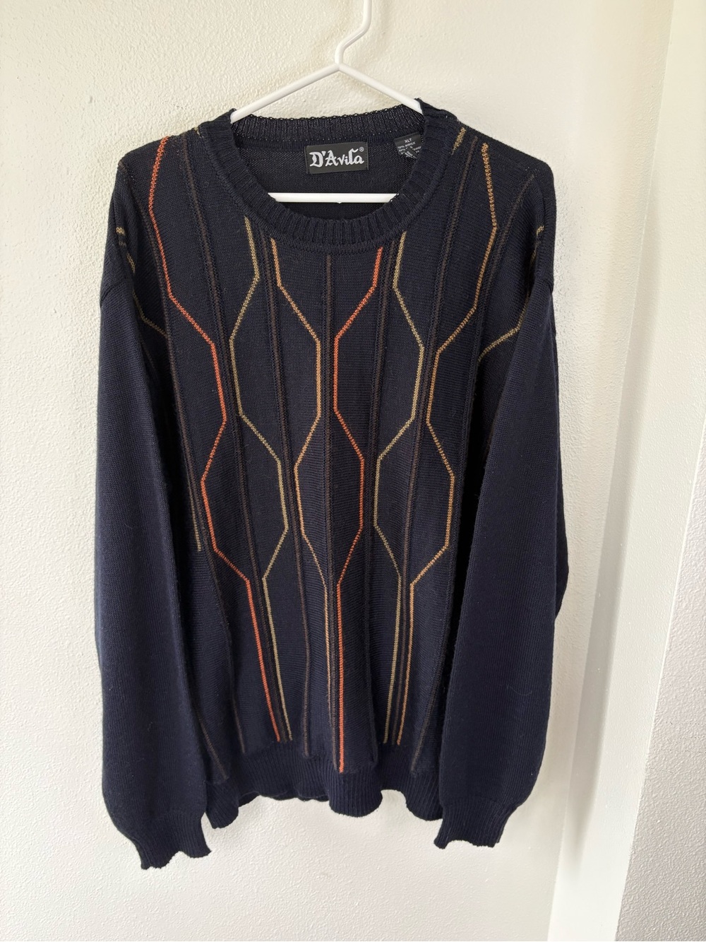 Vintage D’Avila Men's Navy Knit Sweater with Multicolor Stripe Detail - XLT